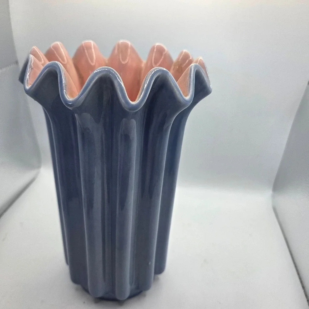 Vintage Red Wing USA 1149 Pottery Vase Blue Pink Ruffled Fluted Art Pottery